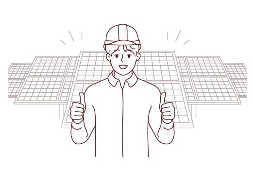 Smiling male engineer in helmet show thumb posing near solar panels. Happy man worker recommend building company. Vector illustration.