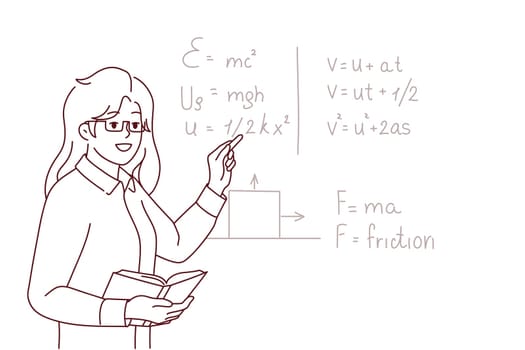 Smiling female teacher standing near black board talking at lesson in school. Happy woman tutor lead math class for pupils. Education. Vector illustration.