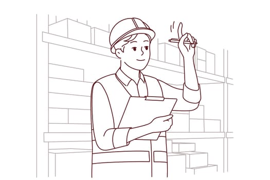 Man in uniform and helmet working in warehouse. Smiling male engineer or mechanic at storehouse or depot. Occupation and profession. Vector illustration.