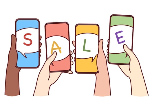 Hands of people holding smartphones with sale announcement or notification on screen. Concept of seasonal promotion and discount and online shopping. Vector illustration.