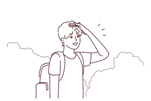 Young man with backpack stand in bushes looking for road. Millennial guy traveler get lost in park searching way out. Travel and navigation. Vector illustration.