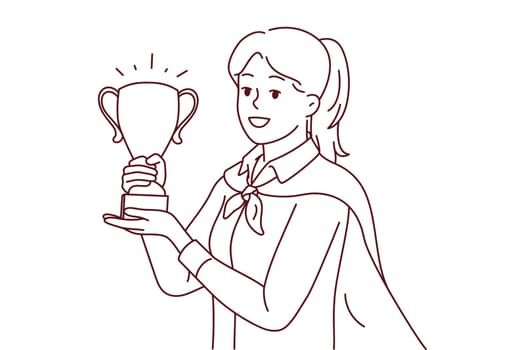 Portrait of smiling young female employee holding golden prize in hands celebrate business promotion or triumph. Happy businesswoman with award. Vector illustration.