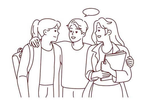 Smiling young guy flirting with female mates. Male hug talk with millennial girls in college or university. Vector illustration.