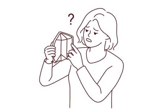 Distressed young woman with empty wallet suffer from bankruptcy. Unhappy poor girl struggle with poverty and money lack. Vector illustration.