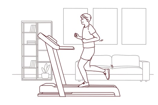 Young sportive man in sportswear running on racetrack at home. Toned motivated male do sports training indoors. Physical activity. Vector illustration.