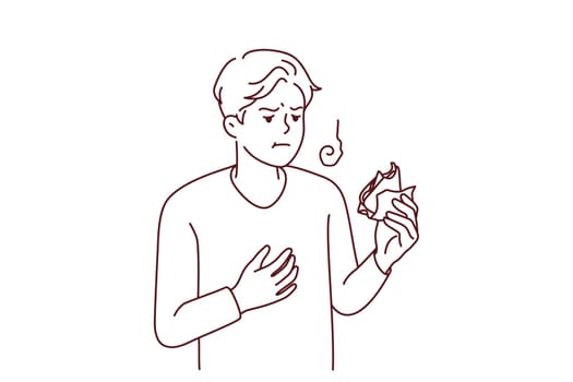 Unwell young man feel bad eating sandwich. Unhealthy guy have indigestion or food poisoning after snack. Stomachache problems. Vector illustration.