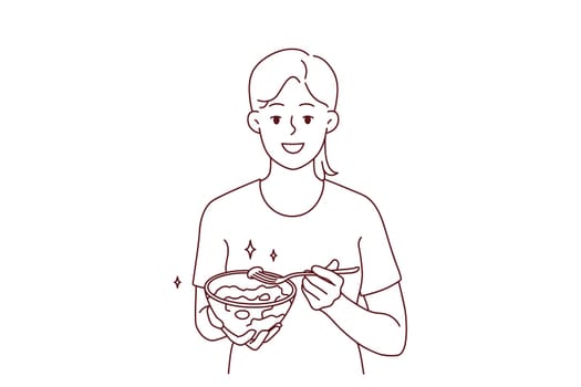 Smiling young woman eating healthy salad follow diet. Happy girl enjoy vegetable meal care about good habits. Nutrition and vegetarian lifestyle. Vector illustration.