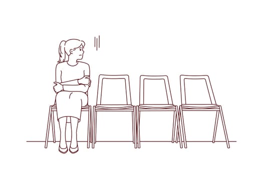 Anxious young woman sit on chair in corridor waiting or appointment. Stressed female feel worried wait in line in hallway. Vector illustration.