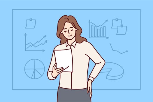 Businesswoman hold document make business presentation near board in office. Smiling female speaker with paperwork present near whiteboard. Vector illustration.