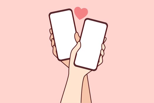 Close-up of couple hands holding cellphones with mockup screens texting online on gadgets. Man and woman with smartphones and internet communication. Vector illustration.