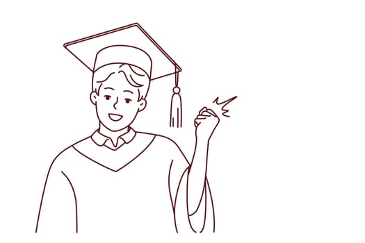 Portrait of smiling male student in mantle and hat make yes hand gesture for successful university graduation. Happy guy graduate in robe. Education. Vector illustration.
