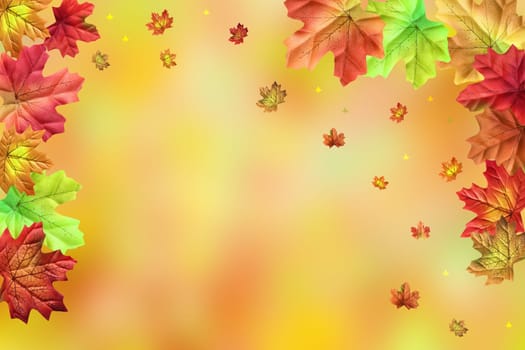 Hello autumn background. Abstract autumn gradient gold yellow orange various leaves texture. Indian summer. Card design with space for text. Beautiful backdrop.