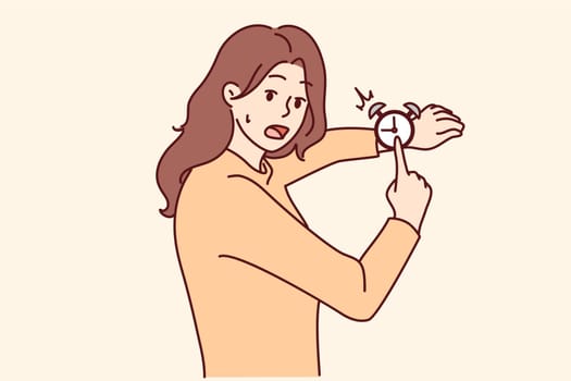 Stressed woman point at watch feeling distressed about deadline. Worried girl frustrated with missed time or appointment. Vector illustration.