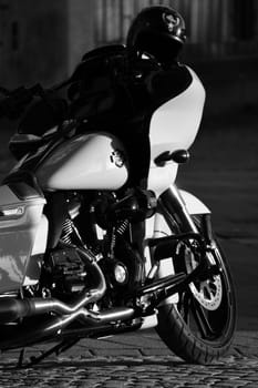 Vertical grayscale of a white chopper motorcycle