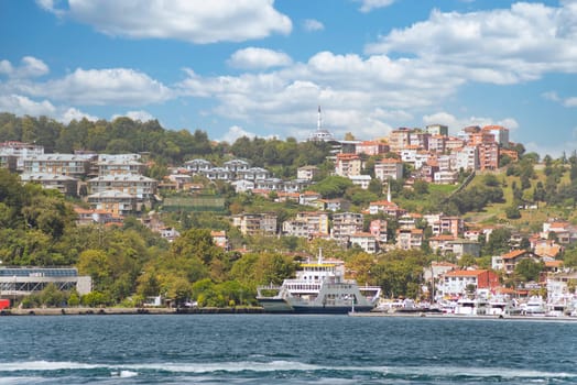 View from the sea of the green mountains of the asian side of Bosphorus strait, with traditional houses and dense trees in a summer day