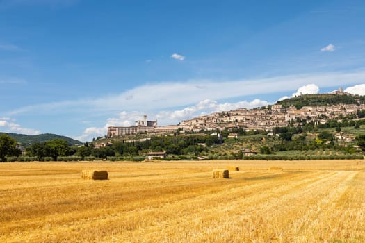 Assisi village in Umbria region, Italy. The town is famous for the most important Italian St. Francis Basilica (Basilica di San Francesco)