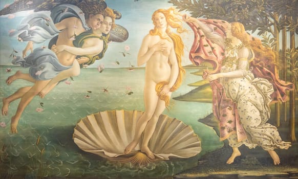 Florence, Italy - circa July 2021. Alessandro Botticelli - The Birth of Venus, 1485. Renaissance art in Uffizi Museum