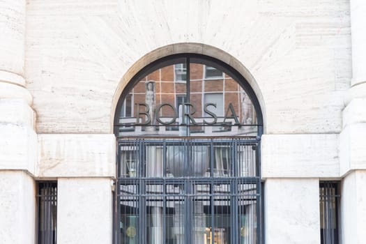 Milan, Italy - Circa March 2022: stock market building - Borsa di Milano, Italian finance and business core