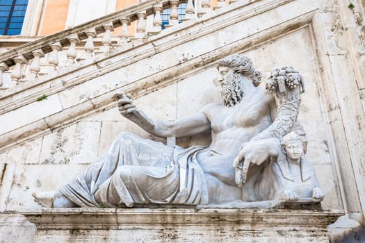 Rome, Italy. View of the staircase of the Palazzo Senatorio, a Renaissance masterpiece. Its double ramp of stairs were designed by Michelangelo as part of the Piazza del Campidoglio project.