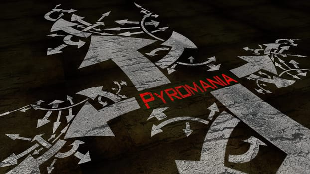Pyromania text on a crossroad in different ways of arrows,Pyromania text on a crossroad in different ways of arrows