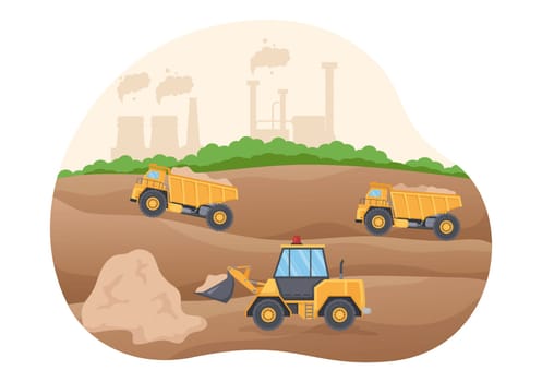 Mining Company with Heavy Yellow Dumper Trucks for Coal Mine Industrial Process or Transportation in Flat Cartoon Hand Drawn Templates Illustration