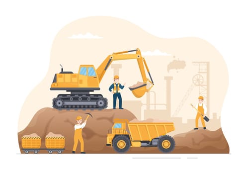 Mining Company with Heavy Yellow Dumper Trucks for Coal Mine Industrial Process or Transportation in Flat Cartoon Hand Drawn Templates Illustration