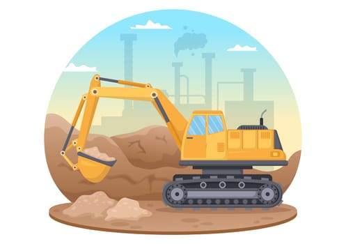 Mining Company with Heavy Yellow Dumper Trucks for Coal Mine Industrial Process or Transportation in Flat Cartoon Hand Drawn Templates Illustration