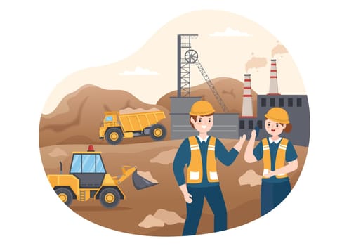 Mining Company with Heavy Yellow Dumper Trucks for Coal Mine Industrial Process or Transportation in Flat Cartoon Hand Drawn Templates Illustration