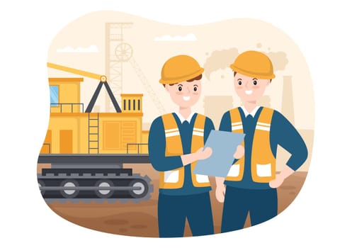 Mining Company with Heavy Yellow Dumper Trucks for Coal Mine Industrial Process or Transportation in Flat Cartoon Hand Drawn Templates Illustration