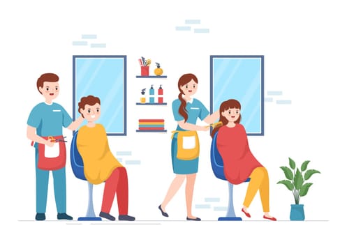 Barber Shop for Male or Female Clients Haircut with Mirrors, Desk and Hair Cutting Equipment in Flat Cartoon Hand Drawn Templates Illustration
