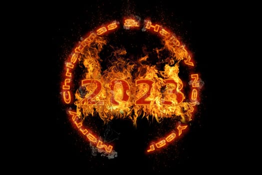 3D illustration New Year concept 2023 design with text fire design on the fire was burning.