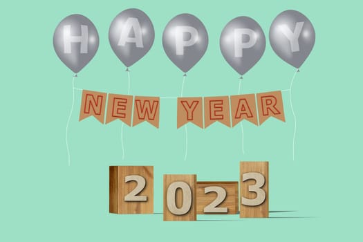 3D illustration New Year concept 2023 design with text on the wooden box and balloons on a beach glass color background.