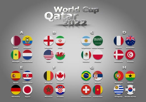 3d illustration groups of World Cup Qatar 2022 championship. All 32 qualifying countries.