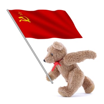 A USSR CCCP flag being carried by a cute teddy bear