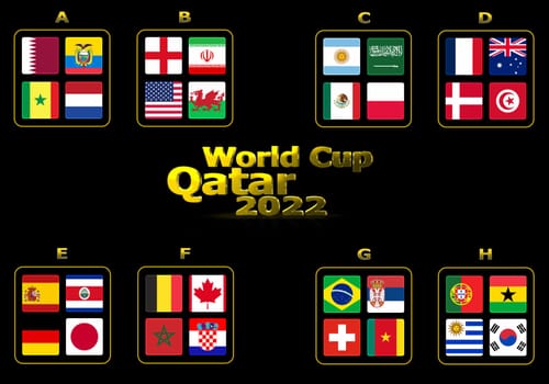 3d illustration groups of World Cup Qatar 2022 championship. All 32 qualifying countries.