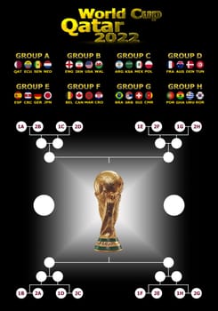 3d illustration schedule of World Cup Qatar 2022 championship. All 32 qualifying countries. Elements of the furnished by FIFA.