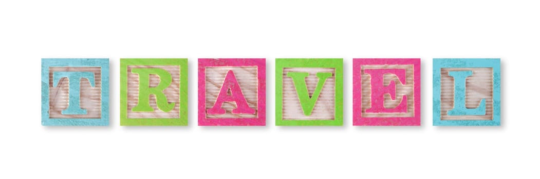 Travel concept with childs wood blocks on white with clipping path to remove shadow