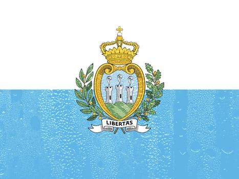 3D Flag of San Marino on a glass with water drop background.