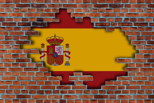 3D Flag of Spain behind the broken old stone wall background.