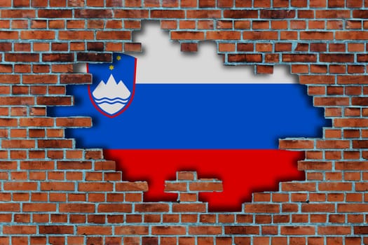 3D Flag of Slovenia behind the broken old stone wall background.