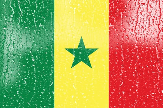 3D Flag of Senegal on a glass with water drop background.