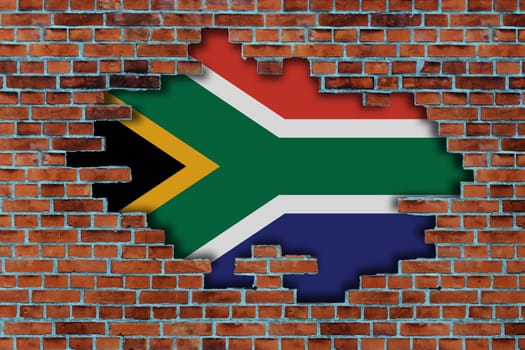 3D Flag of South Africa behind the broken old stone wall background.