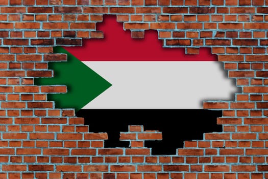 3D Flag of Sudan behind the broken old stone wall background.