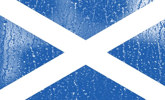 3D Flag of Scotland on a glass with water drop background.