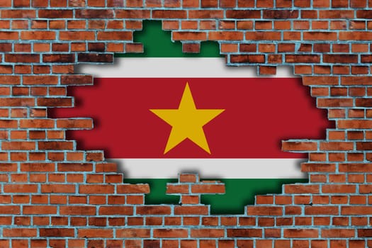 3D Flag of Suriname behind the broken old stone wall background.
