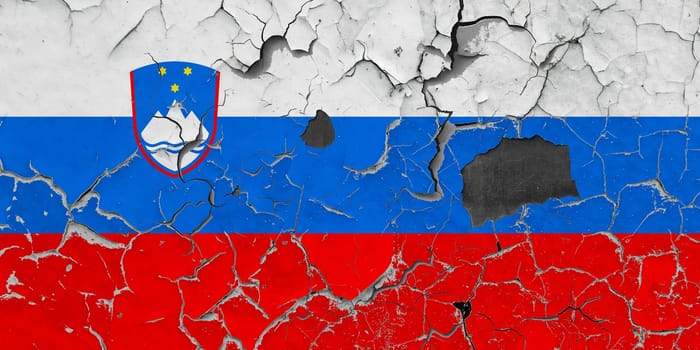 3D Flag of Slovenia on an old stone wall background.
