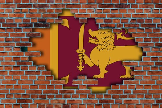 3D Flag of Sri Lanka behind the broken old stone wall background.