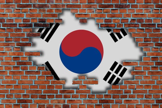 3D Flag of South Korea behind the broken old stone wall background.
