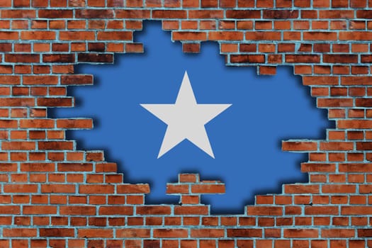 3D Flag of Somalia behind the broken old stone wall background.