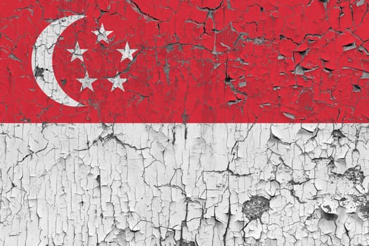 3D Flag of Singapore on an old stone wall background.